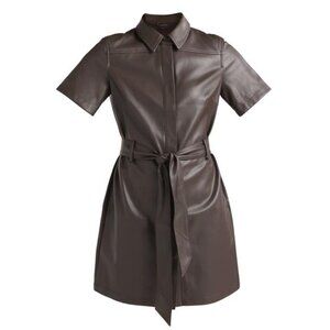 Women's Plus Faux Leather Collared Mini Shirt Dress with Short Sleeves - Brown